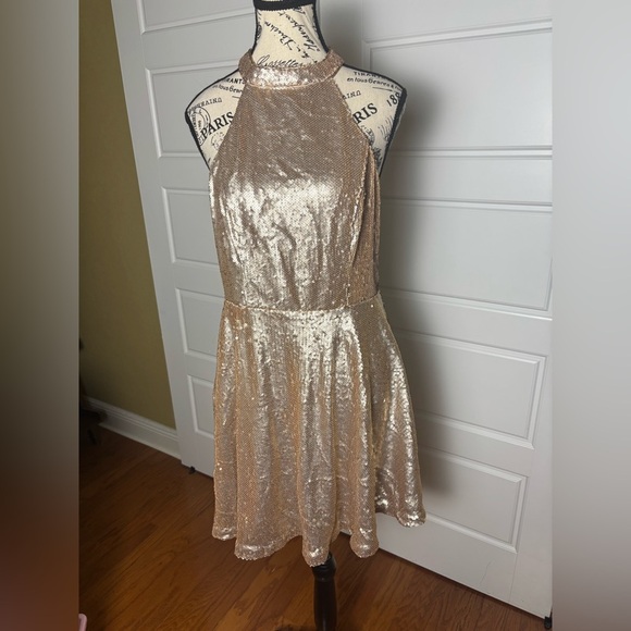 Lulu's Champagne Sequin Halter Backless Skater Dress Under The Spotlight - Picture 2 of 7